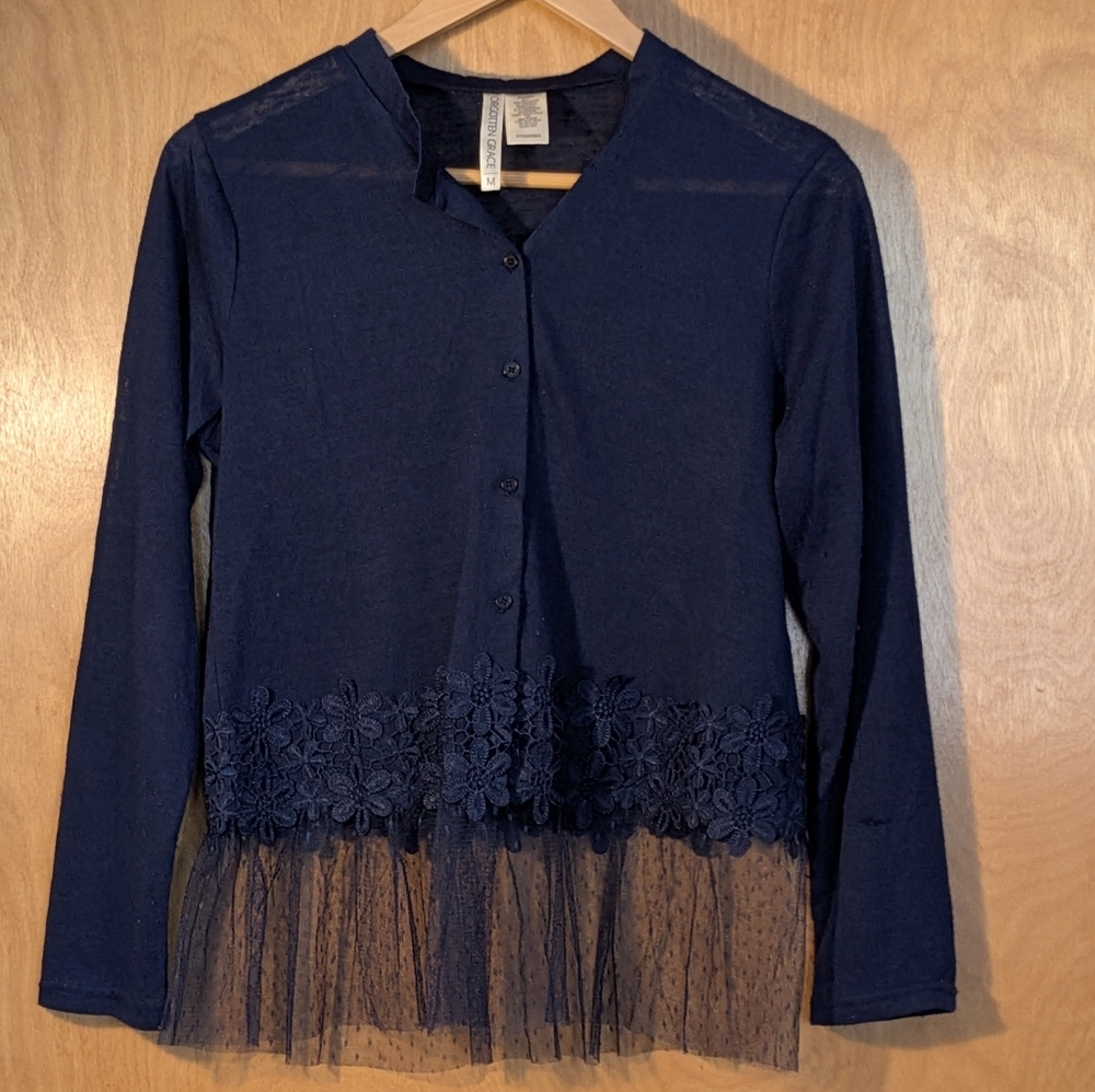 Forgotten Grace Lace Hemmed Bottom Cardigan Sweater Blue M Fairy Boho